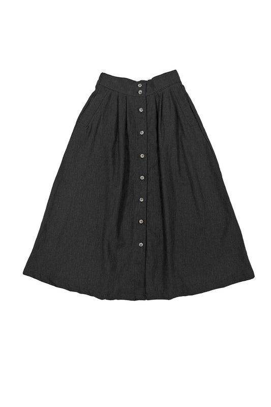 Midi Black Cotton Linen Skirt