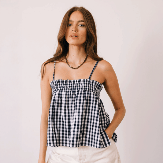 Navy Gingham Strappy Tank Top
