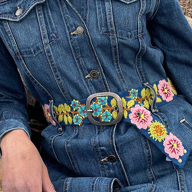 Hand Embroidered Fair Trade Wool Belt | Royal Blue Floral