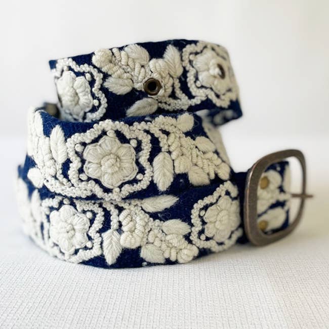 Two-Tone Hand Embroidered Fair Trade Wool Belt | Blue + Cream