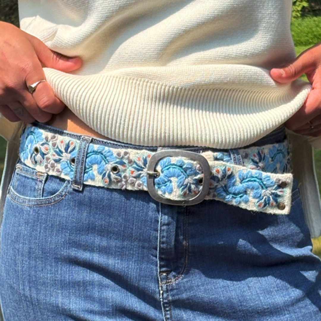 Hand Embroidered Fair Trade Belt | Blue + Cream Floral
