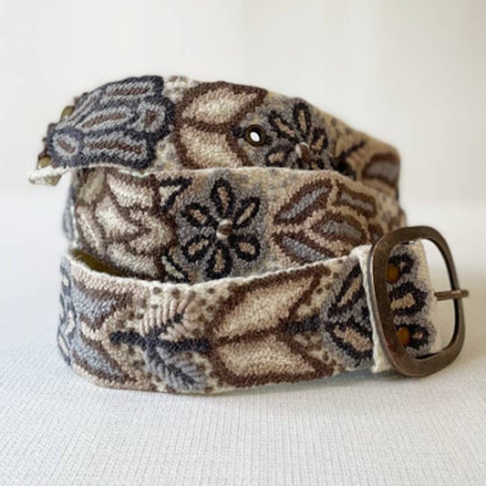 Hand Embroidered Fair Trade Wool Belt | Gray + Cream-Monochromatic