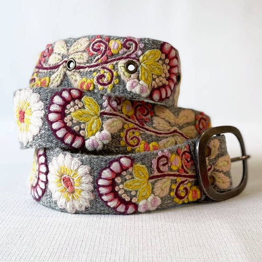 Hand Embroidered Fair Trade Wool Belt | Heather Gray Floral