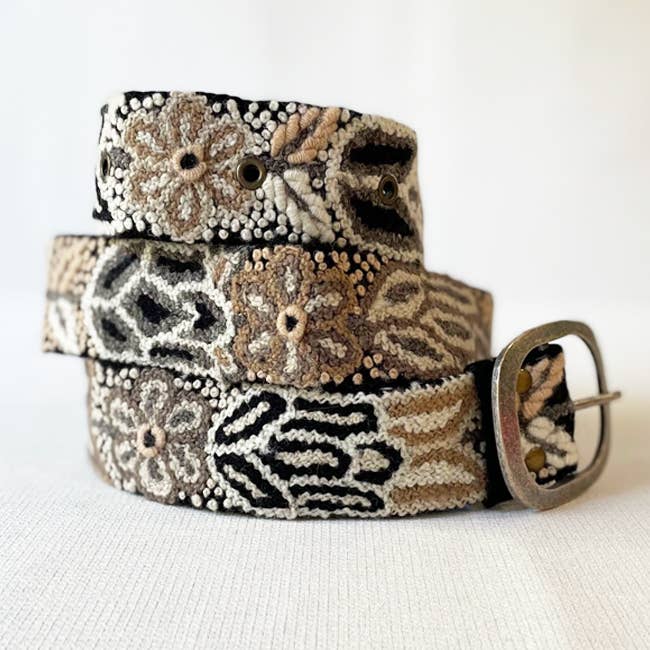 Monochromatic Hand Embroidered Fair Trade Wool Belt | Black + Cream
