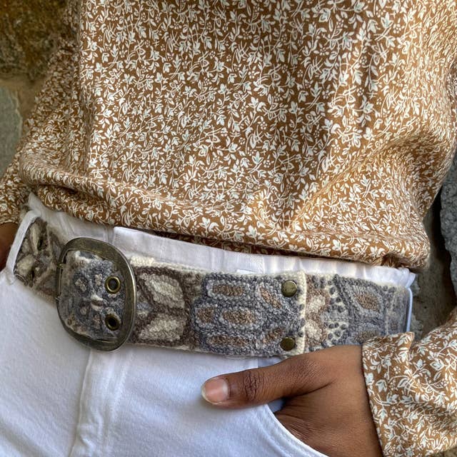 Hand Embroidered Fair Trade Wool Belt | Gray + Cream-Monochromatic